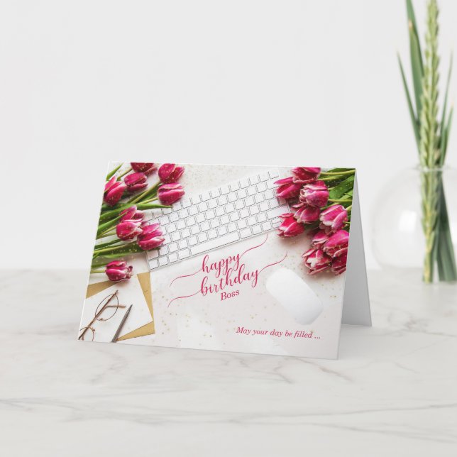 Cartão Boss's Birthday Pink Tulips and Desktop (Frente)