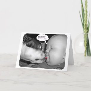 Cartão boston terrier beijando um bebê