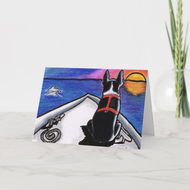 Cartão Boston Terrier Boat Sunset Personalizado (Frente)