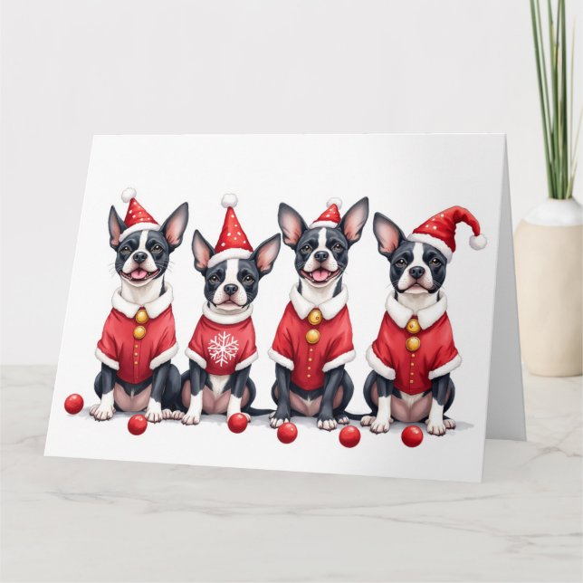 Cartão Boston Terrier Christmas Dress Santa Hat (Frente)