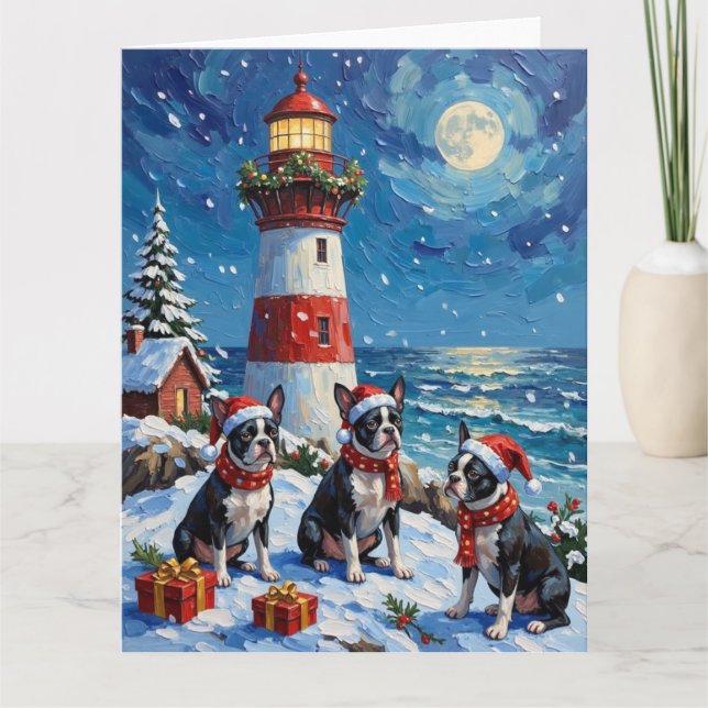 Cartão Boston Terrier Christmas Lighthouse Holiday (Frente)