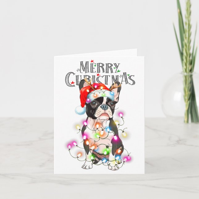 Cartão Boston Terrier Christmas Lights Xmas Dog  (Frente)