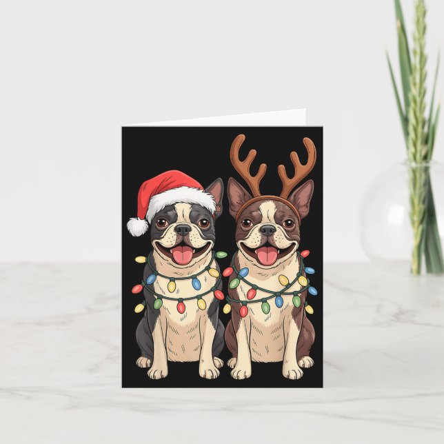 Cartão Boston Terrier Christmas Santa Hat Reindeer Lights (Frente)