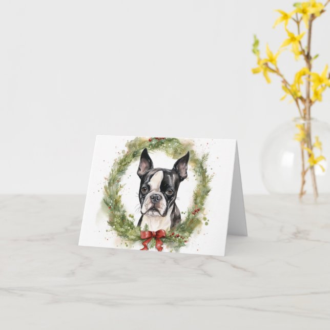 Cartão Boston Terrier Christmas Wreath Festivo Pup (Flor Amarela)