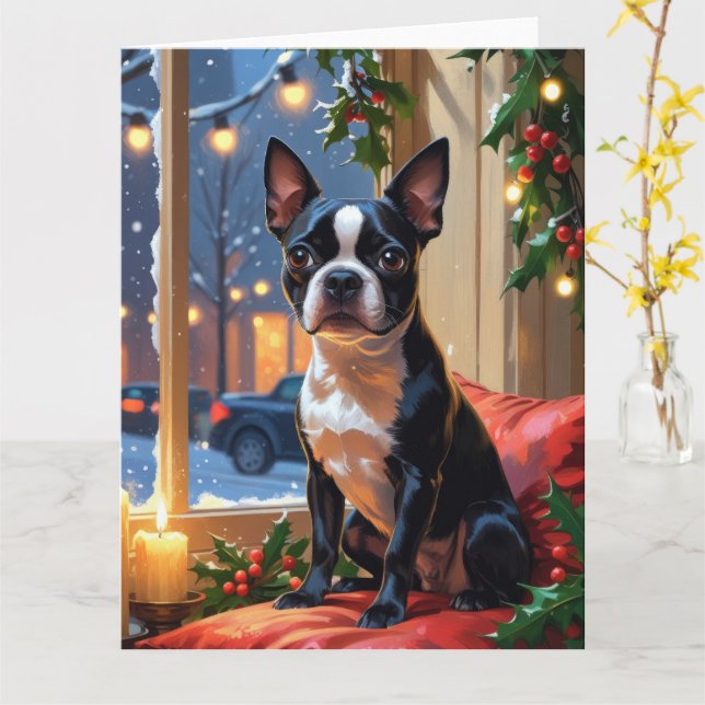 Cartão Boston Terrier com férias de Natal (Flor Amarela)