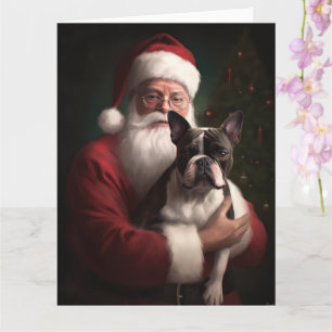 Cartão Boston Terrier com Papai Noel Natal Festivo