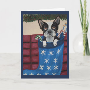 Cartão Boston Terrier de Natal em uma meia