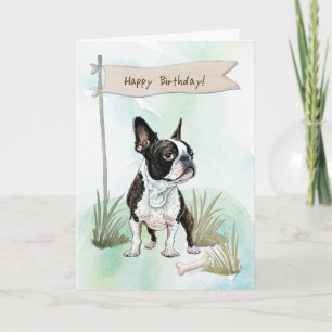Cartão Boston Terrier Dog ao ar livre sob sinal de aniver