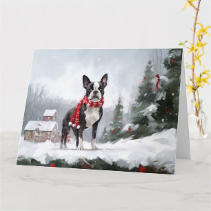 Cartão Boston Terrier Dog no Natal da neve