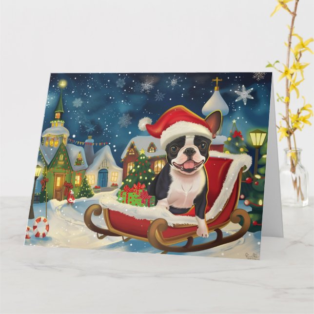 Cartão Boston Terrier Dog no Natal de Sleigh Snow (Flor Amarela)