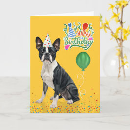 Cartão Boston Terrier Dog Party Hat Yellow Birthday