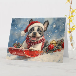 Cartão Boston Terrier Dog Sledge Deixe-o nevar no Natal