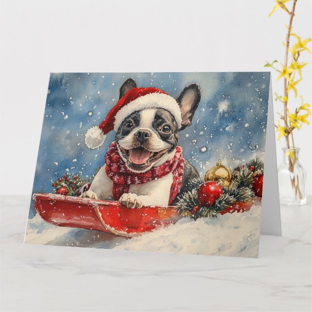 Cartão Boston Terrier Dog Sledge Deixe-o nevar no Natal (Flor Amarela)