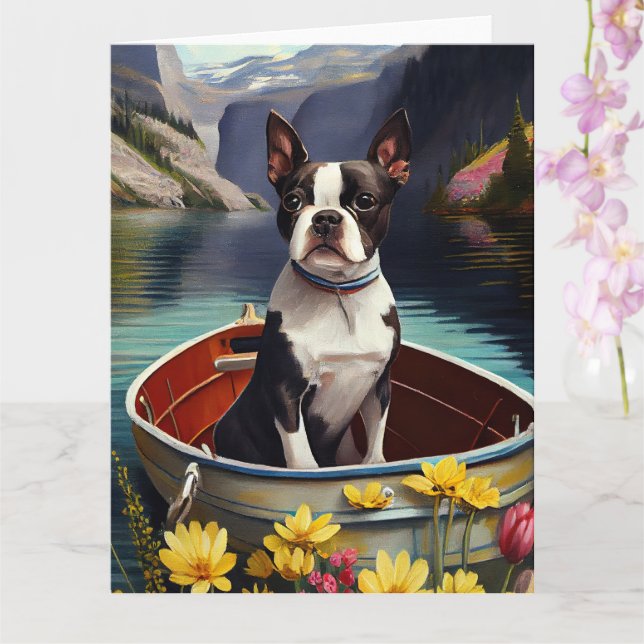 Cartão Boston Terrier em um remo: Uma aventura cênica (Orquídea)