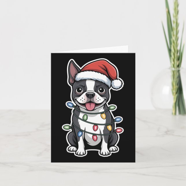 Cartão Boston Terrier embrulhada em luzes de Natal (Frente)