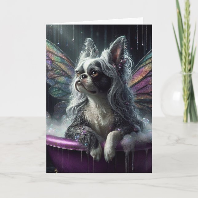 Cartão Boston Terrier Fairy Cinza Wig in a Purple Bathtub (Frente)