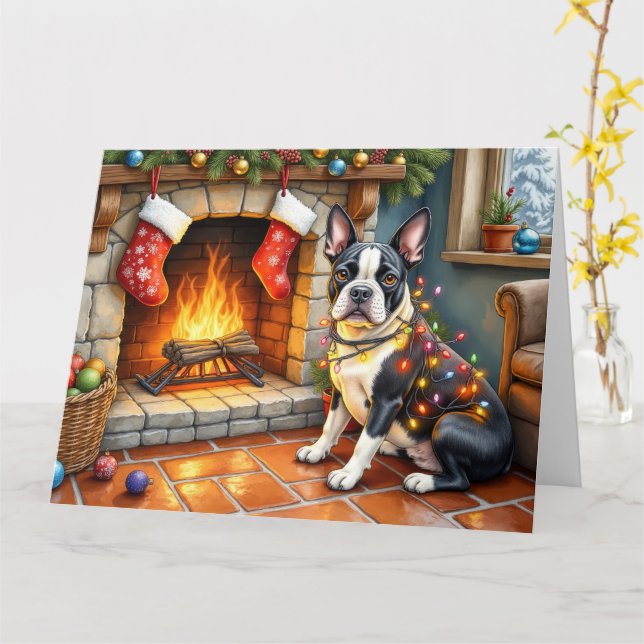 Cartão Boston Terrier Fireplace with Christmas Lights (Flor Amarela)