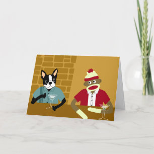 Cartão Boston Terrier & macaco da peúga