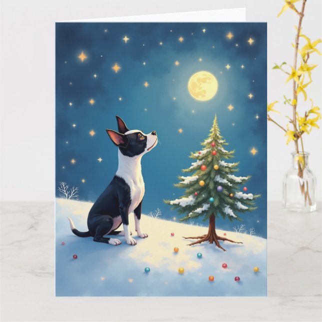 Cartão Boston Terrier Midnight Star-Gazing Christmas (Flor Amarela)