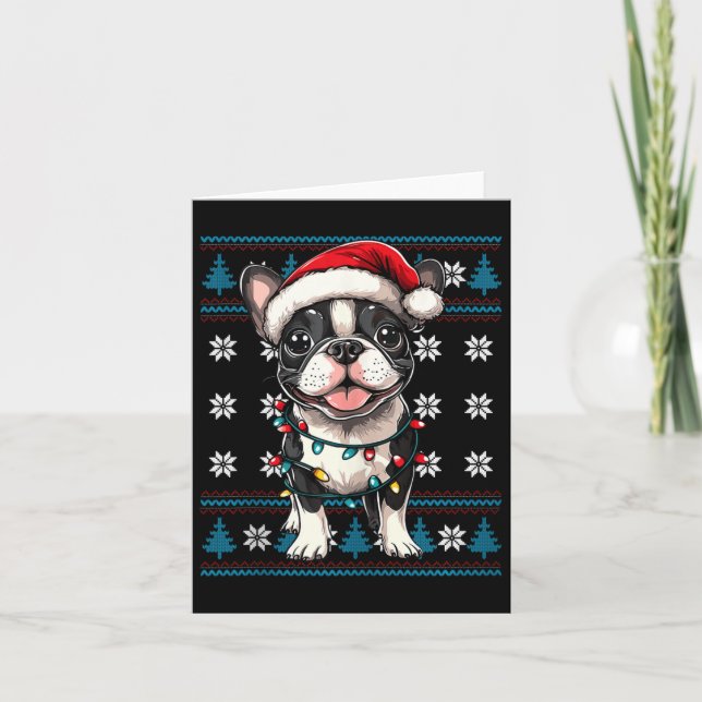 Cartão Boston Terrier Papai Noel Árvore de Natal Luzes Bo (Frente)