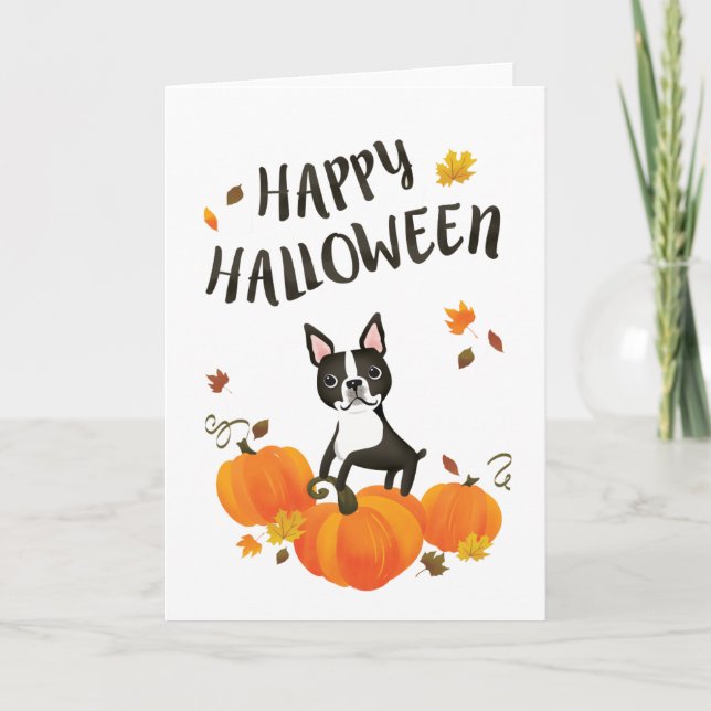 Cartão Boston Terrier Pumpkin Fall Sai do Halloween (Frente)