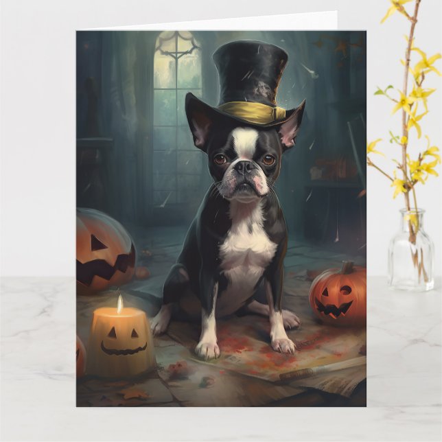 Cartão Boston Terrier Pumpkins Halloween Assustado (Flor Amarela)