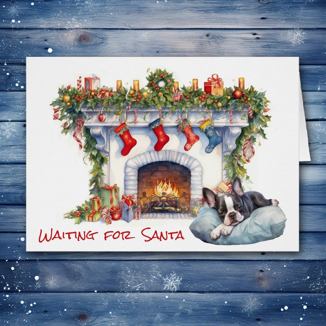 Cartão Boston Terrier Puppy espera na Lareira dos Papais  (Criador carregado)