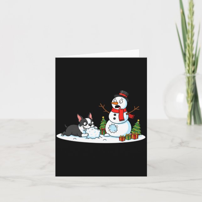 Cartão Boston Terrier Snowman Christmas Tree Xmas Womens  (Frente)