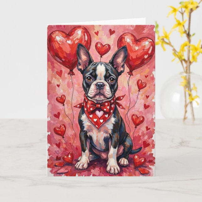 Cartão Boston Terrier Valentine’s Day Dog with Hearts Red (Flor Amarela)