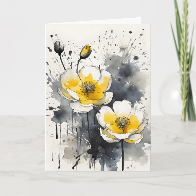 Cartão Botão-de-ouro - Flores em aquarela (Frente)