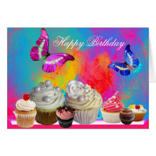 CARTÃO BOTTERFLIOS CUPCAKES MOLHOS, ANIVERSÁRIO COLORIDO