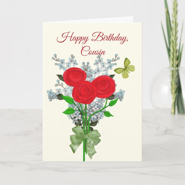 Cartão Bouquet of Roses and Lilacs Birthday for Cousin (Frente)