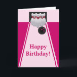 Cartão Bowling Girl Birthday Greeting Card<br><div class="desc">This modern bowling girl birthday greeting card with bowling pin set on a pink background is the perfect for any birthday party or special event in style. Personalize with your own special text,  and use it for the party or event of your choice.</div>