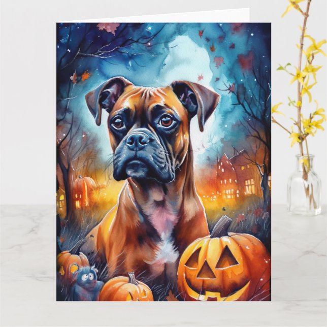 Cartão Boxer de Halloween com Abóboras Assustadoras (Flor Amarela)