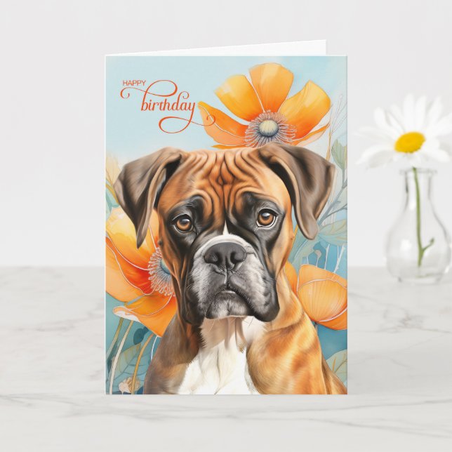 Cartão Boxer Dog Birthday Bold Orange Poppy Flowers (Planta pequena)