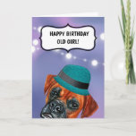 Cartão Boxer dog wearing hat British old GIRL humor<br><div class="desc">A fun and eye-catching design of a boxer dog wearing a vintage style teal blue hat set against a purple gradient fade background that has faux sparkling string light on it and a scallop edge speech bubble with the words, happy birthday old girl! The inside reads, have a bloody good...</div>
