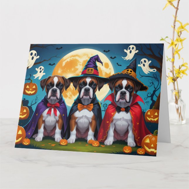 Cartão Boxer Dogs Pumpkin Halloween Engraçado (Flor Amarela)