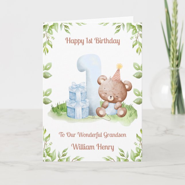 Cartão Boy 1st Birthday Greenery Teddy Bear Card (Frente)
