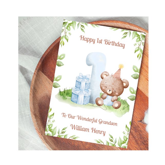 Cartão Boy 1st Birthday Greenery Teddy Bear Card (Criador carregado)