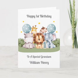 Cartão Boy 1st Birthday Safari Leaf Animals Card