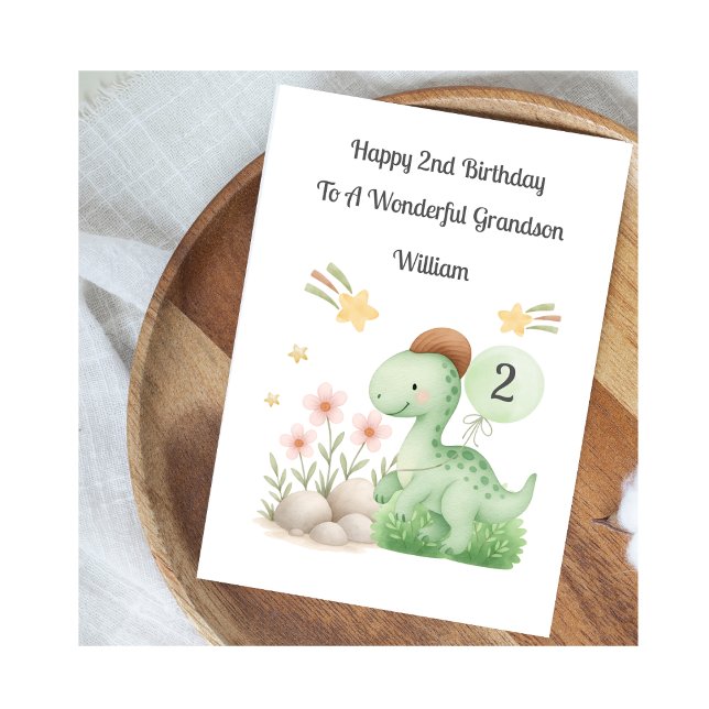 Cartão Boy 2nd Birthday Green Orange Dinosaur Card (Criador carregado)