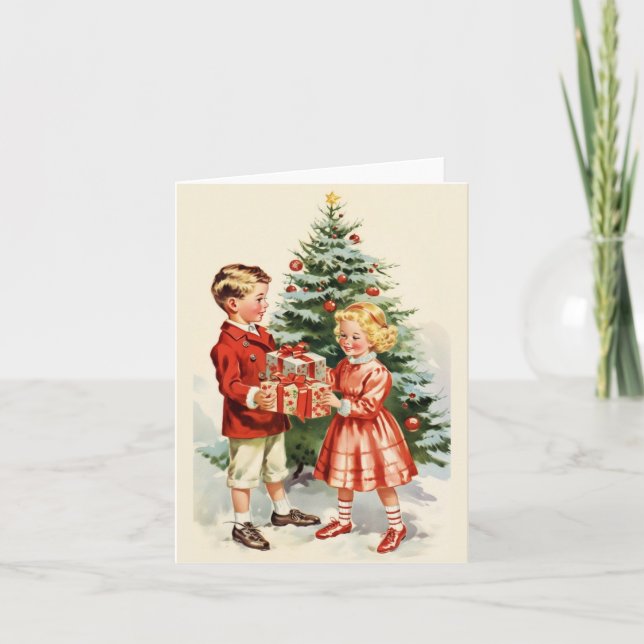 Cartão Boy and girl giving each other Christmas presents (Frente)