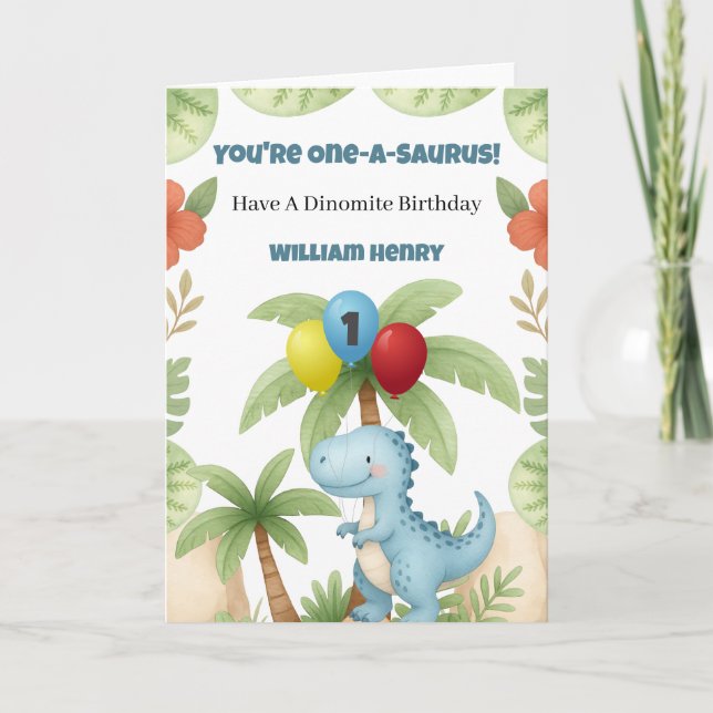 Cartão Boy Dinosaur One A Saurus 1st Birthday Card (Frente)
