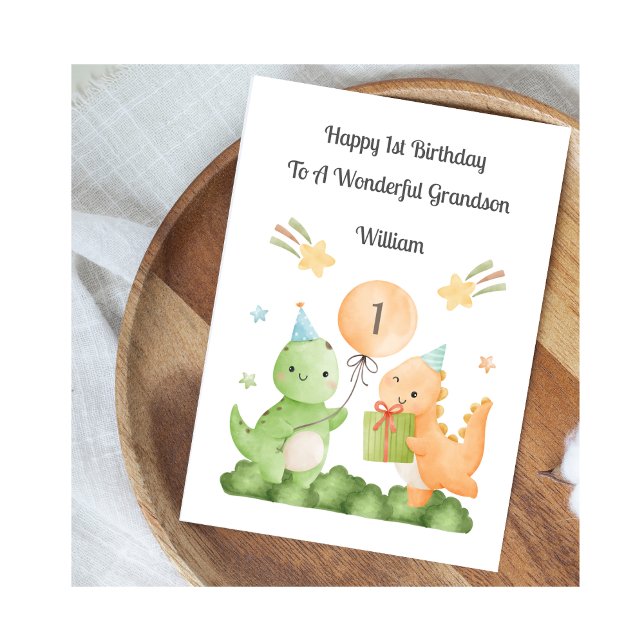 Cartão Boy First Birthday Balloon Dinosaurs Card (Criador carregado)