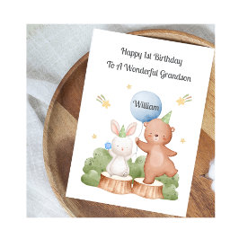 Cartão Boy First Birthday Woodland Rabbit Bear Card