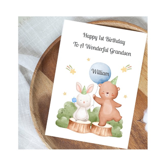 Cartão Boy First Birthday Woodland Rabbit Bear Card (Criador carregado)