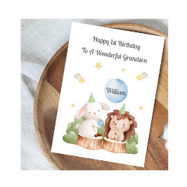 Cartão Boy First Birthday Woodland Rabbit Hedgehog Card