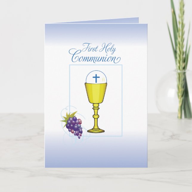 Cartão Boy First Communion, Chalice com Host e Uvas (Frente)