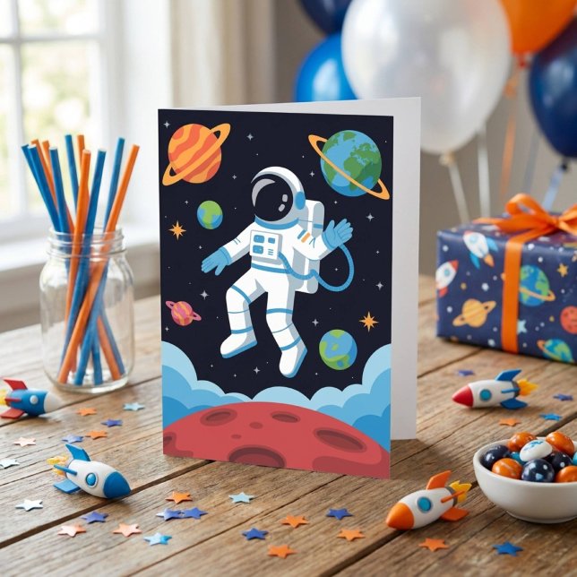Cartão Boy Outer Space Astronaut Birthday  (Criador carregado)