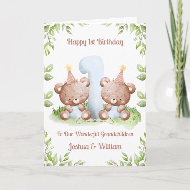 Cartão Boy Twins 1st Birthday Greenery Teddy Bear Card (Frente)